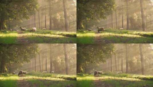 4K _ 阳光树林中吃草的绵羊高清在线视频素材下载