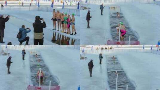 冬泳老年人娱乐锻炼东北冬季运动拍照高清在线视频素材下载