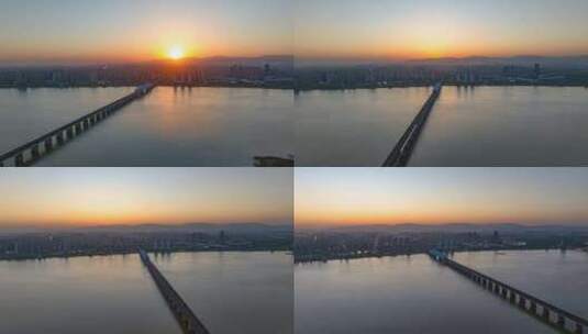 城市高铁跨江大桥日落航拍延时高清在线视频素材下载