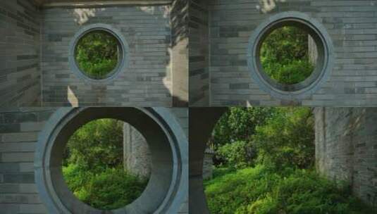 中式园林庭院穿过窗花窗口高清在线视频素材下载