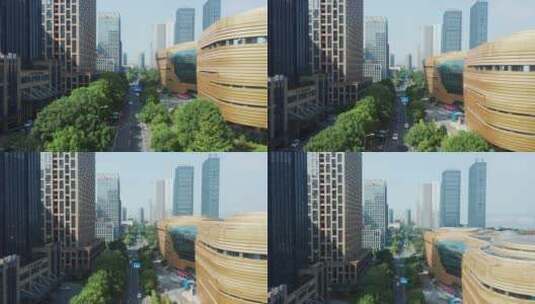 航拍杭州滨江科技馆街两边现代办公大楼高清在线视频素材下载