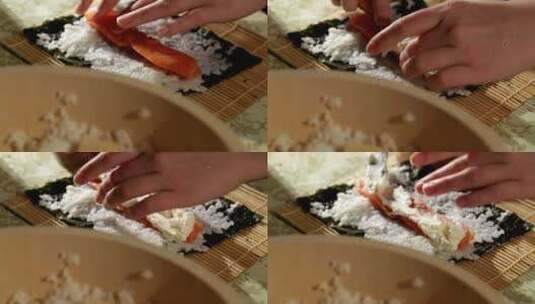 卷一卷装满三文鱼的寿司卷高清在线视频素材下载