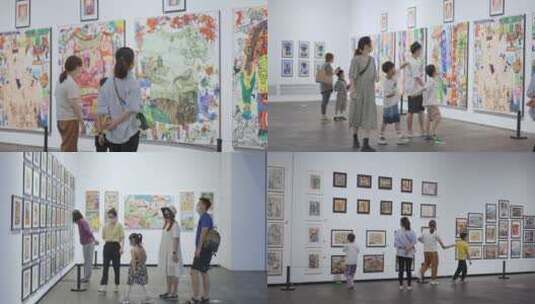 少年儿童参观画展画廊爸妈陪伴合集高清在线视频素材下载