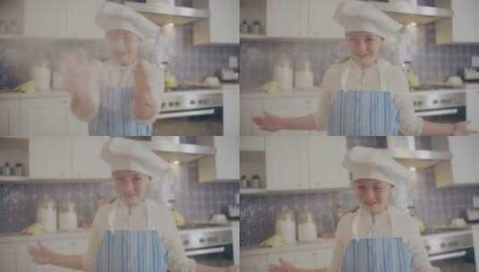 小女孩在厨房玩面粉高清在线视频素材下载