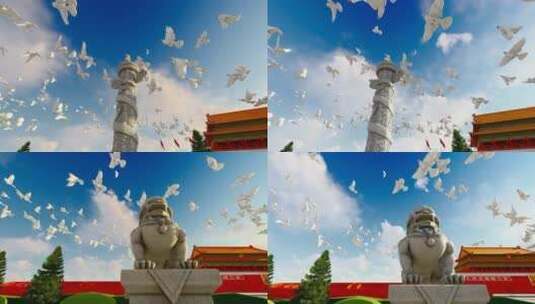 北京天安门华表石狮子和平鸽慢动作高清在线视频素材下载