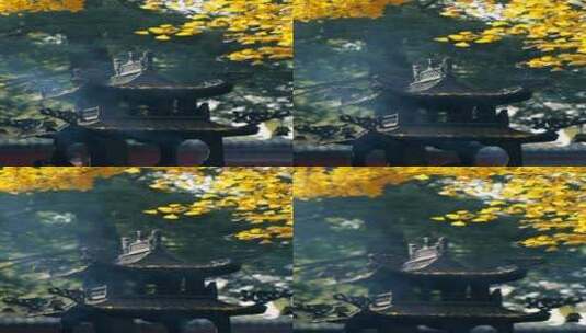 4K北京深秋红螺寺燃烧的香炉和金黄秋叶竖屏高清在线视频素材下载