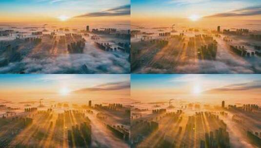 中国辽宁沈阳城市平流雾云层中的阳光航拍高清在线视频素材下载