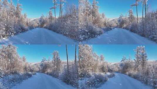 航拍林海雪原雪林山路高清在线视频素材下载