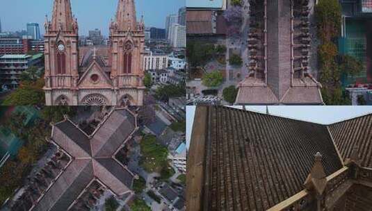广州圣心大教堂石室哥特式建筑航拍4K视频高清在线视频素材下载