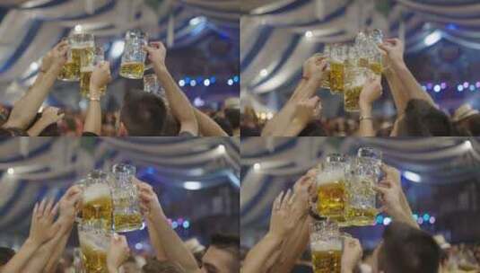朋友在聚会时开心的举起啤酒干杯特写拍摄高清在线视频素材下载