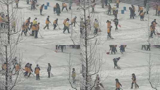 小学生操场上扫雪高清在线视频素材下载