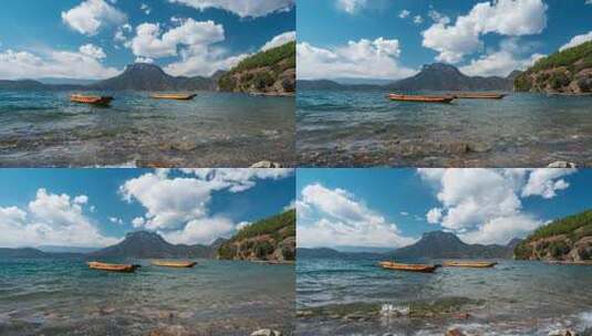 云南泸沽湖水面上的猪槽船和蓝天白云延时高清在线视频素材下载