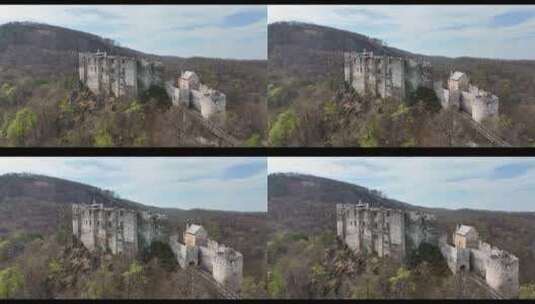 航拍山上的城堡高清在线视频素材下载