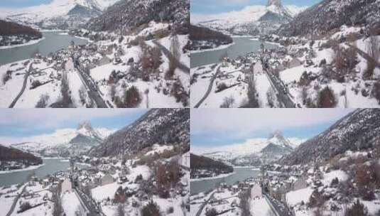 航拍被雪覆盖的村庄高清在线视频素材下载