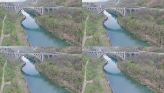 斯洛文尼亚Isonzo（Soca）河上方Solkan桥的鸟瞰图高清在线视频素材下载