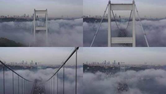 土耳其伊斯坦布尔雾天法提赫·苏丹·穆罕默德大桥的航拍视频。第二博斯普鲁斯海峡06高清在线视频素材下载