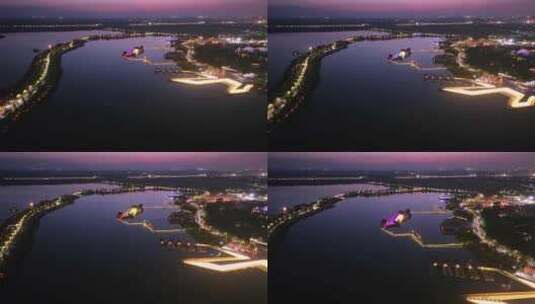航拍西安昆明池水库夜景高清在线视频素材下载