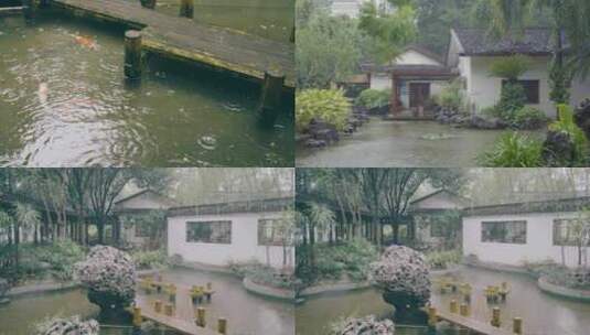 雨中的中式园林庭院水景高清在线视频素材下载