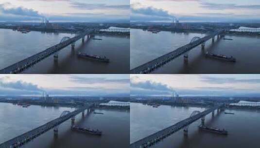 九江长江大桥清晨航拍高清在线视频素材下载