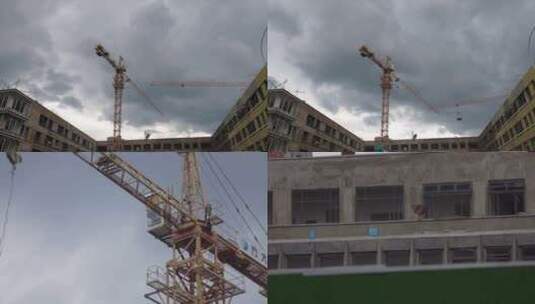 雨天建筑工地施工 塔吊吊车 高楼建筑施工高清在线视频素材下载