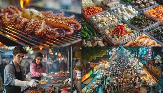 城市夜景夜市烧烤小吃美食街夜生活小吃ai高清在线视频素材下载