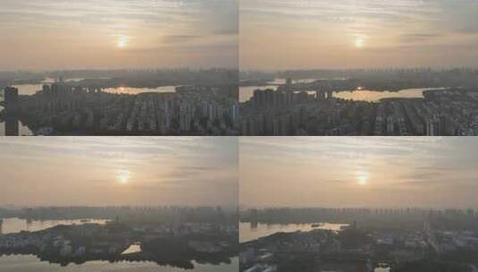 鄂州日出航拍城市日出景观城市清晨朝阳晨曦高清在线视频素材下载