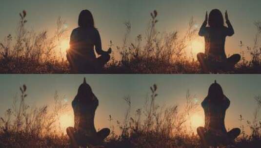 清晨在户外草丛里做瑜伽训练的女人高清在线视频素材下载