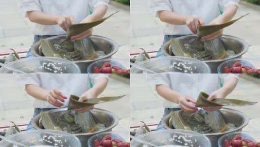 端午节手工包粽子糯米慢镜头高清在线视频素材下载