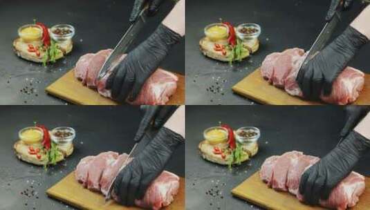 厨师男子戴着手套切新鲜生肉的特写视图高清在线视频素材下载