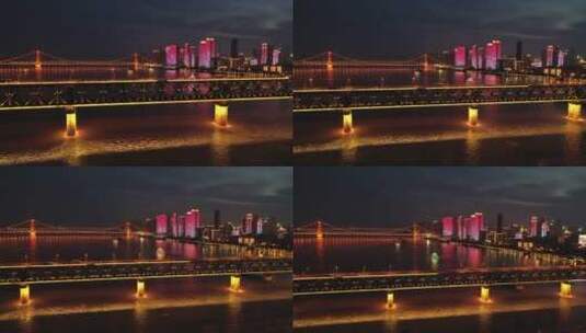 武汉长江大桥城市江景交通夜景航拍风光高清在线视频素材下载