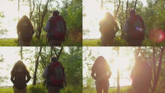 日落时分在森林徒步旅行的夫妇高清在线视频素材下载