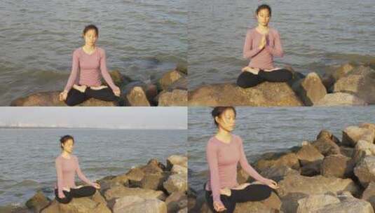 深圳海边岩石上瑜伽打坐的都市女性高清在线视频素材下载