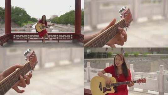 西安美女小姐姐弹吉他护城河环城公园旁高清在线视频素材下载