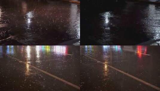 夜晚雨天街边小区路口地面溅起雨水路面积水高清在线视频素材下载