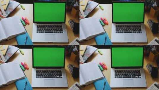 家庭办公室木制桌子的特写与电脑笔记本高清在线视频素材下载