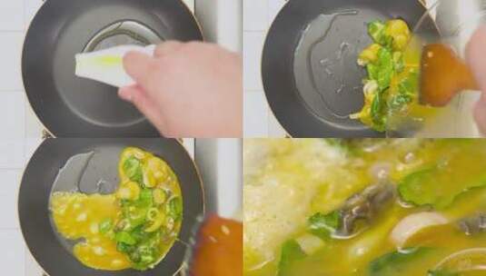 锅中倒油放入海蛎子鸡蛋液煎制高清在线视频素材下载