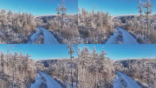 航拍林海雪原雪林山路高清在线视频素材下载