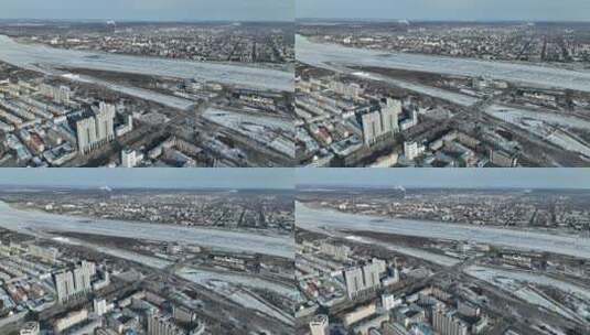 黑河市黑龙江中俄边境城市航拍景观高清在线视频素材下载