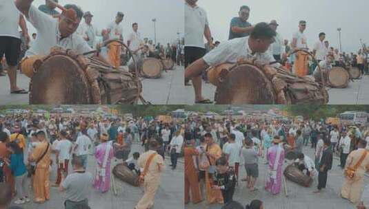 云南旅游德宏盈江傣族泼水节象脚鼓排练高清在线视频素材下载