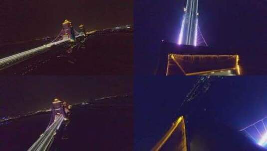 穿越机航拍扬州万福大桥夜景车流灯光高清在线视频素材下载