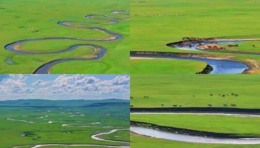 呼伦贝尔大草原牛羊成群河水蜿蜒曲折风光高清在线视频素材下载