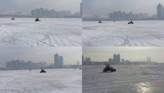 松花江 雪地车 冰雪 哈尔滨 冰上开车高清在线视频素材下载