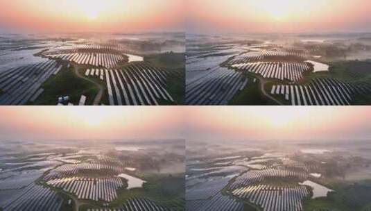日出山坡光伏太阳能发电站航拍高清在线视频素材下载