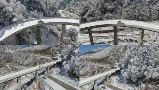 奔驰小轿车在雪地公路行驶旅行航拍雪景雾凇高清在线视频素材下载