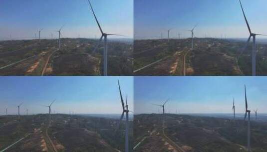 日出日落 太阳能光伏板 风力风车发电站航拍高清在线视频素材下载