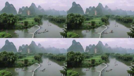 航拍桂林山水遇龙河竹筏高清在线视频素材下载