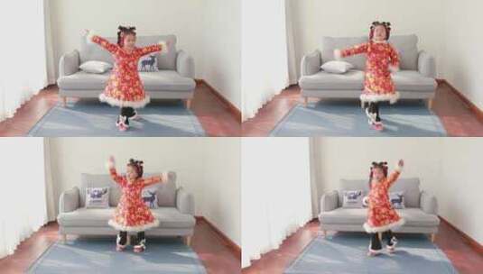 漂亮可爱小女孩在沙发前开心跳舞高清在线视频素材下载