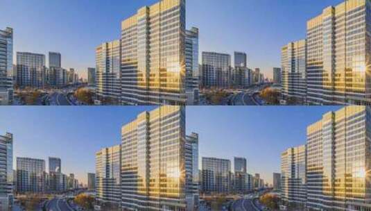 北京望京SOHO早晨阳光车流建筑延时高清在线视频素材下载