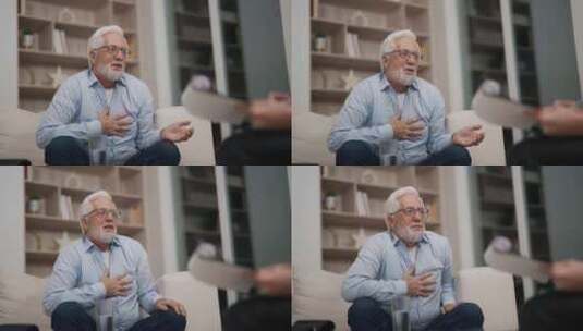 老人拜访老年治疗师老年男性坐在沙发上在医高清在线视频素材下载