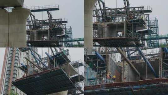 铁路高铁高架桥铁路桥建设工地工人城市高楼高清在线视频素材下载